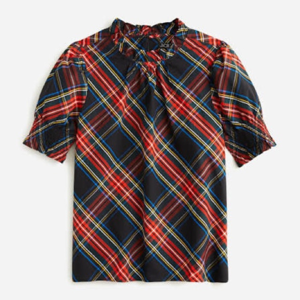 J. Crew Smocked Puff Sleeve Cotton Poplin Top Stewart Tartan Plaid Blouse Sz XXL